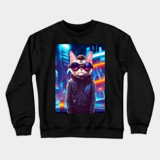 Cool Japanese Techno Cat In Japan Neon City Crewneck Sweatshirt